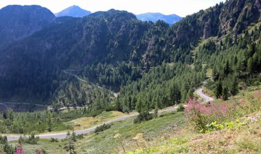 landscape of the mountain range called latemar and the very steep road leading up to the pass called PASSO MANGHEN