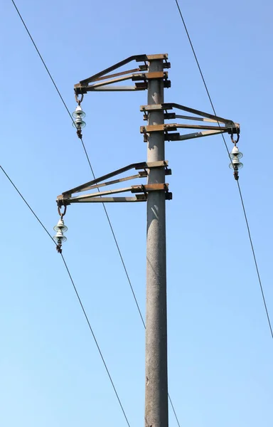 Pole Electric Wires Transport Electricity High Voltage Blue Sky — Fotografia de Stock