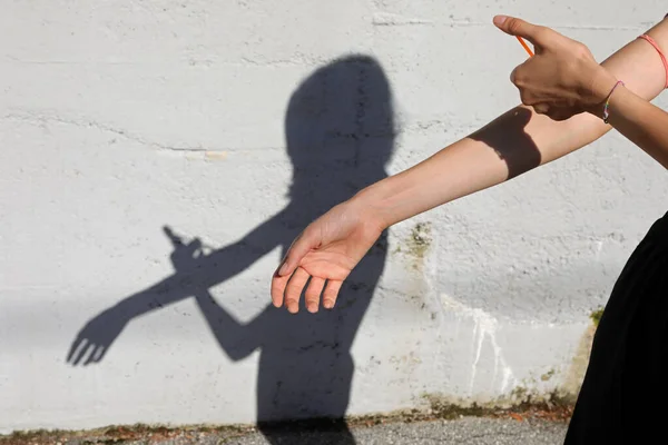 Young Drug Addict While Injecting Drug His Arm Shadow Wall — Stock Photo, Image