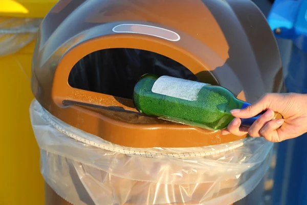 Green Glass Bottle Thrown Correct Recycling Bin Recover Used Material — Stock Fotó