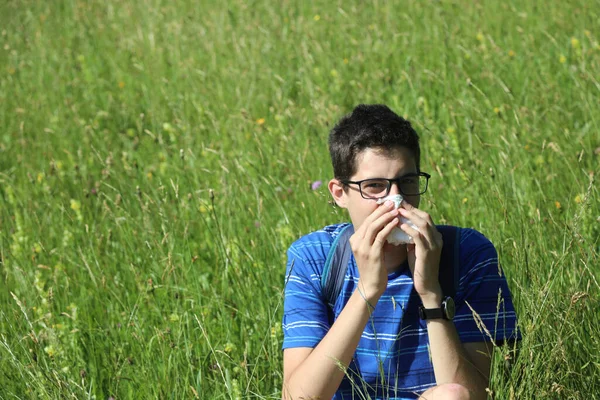 Young Boy Glasses Blowing His Nose Because Allergy Meadow Spring — Stock Photo, Image