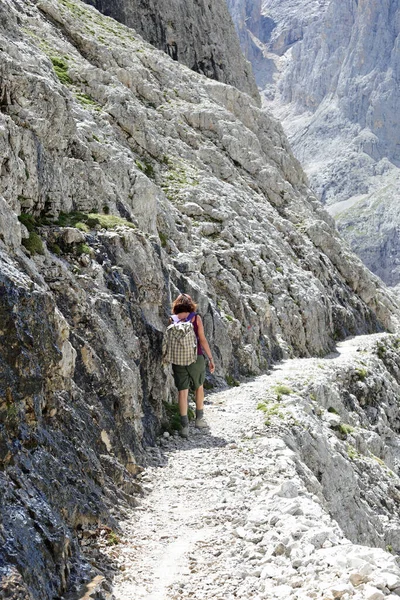 Mladá Žena Turistka Batohem Ramenou Procházky Kamenné Stezce Vysokých Dolomitech — Stock fotografie