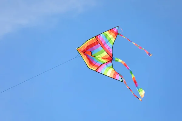 Drachen Mit Regenbogenfarben Fliegen Den Blauen Himmel Symbol Der Hoffnung — Stockfoto