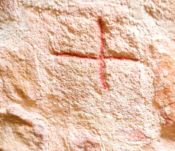 Vieille Croix Gravée Sur Mur Une Ancienne Église Chrétienne Symbole — Photo