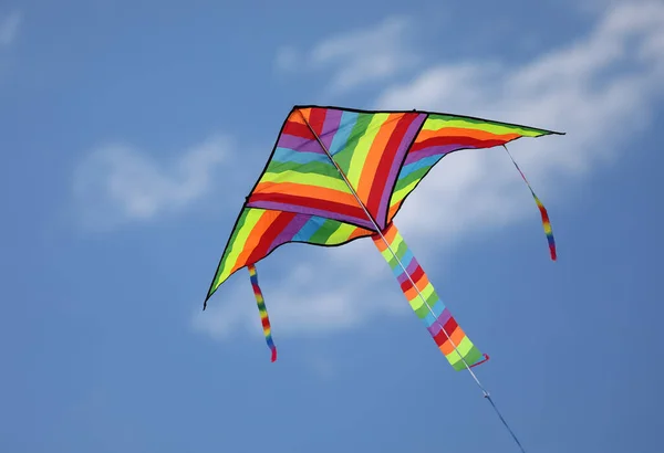 Grote Vlieger Met Vele Kleuren Van Regenboog Vliegen Hoog Bevestigd — Stockfoto