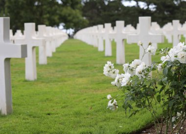 Colleville-sur-Mer, FRA, Fransa - 21 Ağustos 2022: Normandiya Çıkarması yakınlarındaki Amerikan Askeri Mezarlığı
