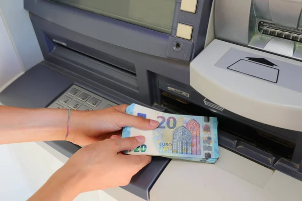 Hand Picking Money European Banknotes Atm Bank Cash Machine Europe — Stock Photo, Image