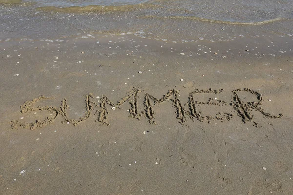 Texte Été Écrit Sur Sable Plage Mer — Photo