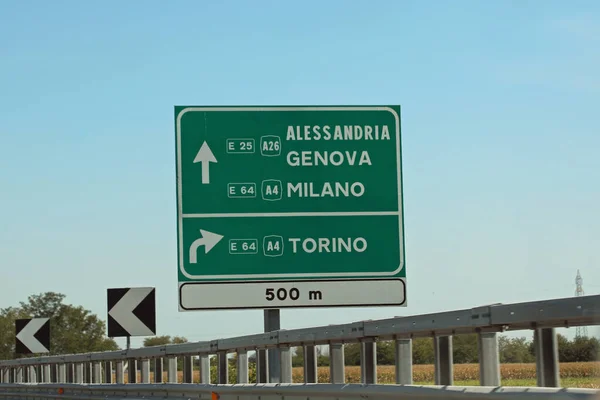 Grand Panneau Vert Autoroute Avec Des Noms Localisation Italie Italie — Photo