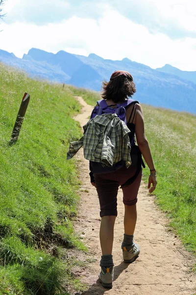 Giovane Escursionista Mentre Cammina Con Zaino Sulle Spalle Nel Sentiero — Foto Stock