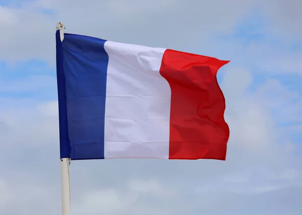 Big French Flag Blue White Red Wavings Blue Sky People — Stock Photo, Image