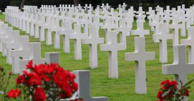 Colleville-sur-Mer, FRA, Fransa - 21 Ağustos 2022: Amerikan Askeri Mezarlığı ve Kırmızı Gül Çiçekleri ve askerlerin mezarlarında birçok haç