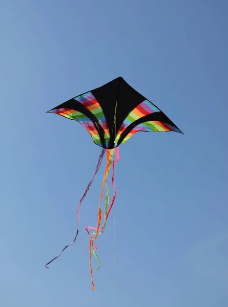 Большой Черный Воздушный Змей Разноцветными Радужными Полосками Летит Высоко Голубом — стоковое фото