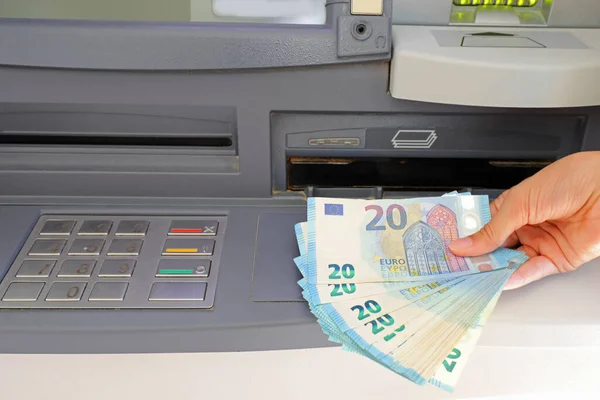 Hand Person Who Withdraws Money European Twenty Euro Banknotes Atm — Zdjęcie stockowe