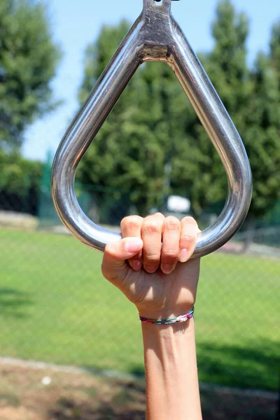 Hand Athlete While Doing Exercises Steel Ring Gym — Stock Photo, Image