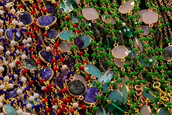 Background Metal Necklaces Precious Stones Gems Sale Jeweler — Stock Photo, Image
