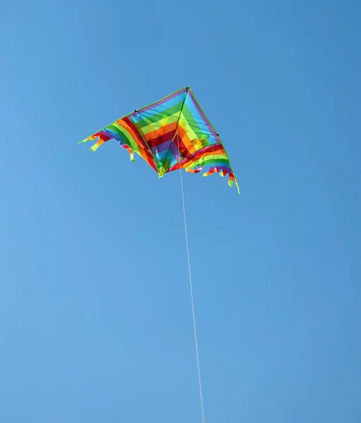 Kleurrijke Vlieger Vliegt Hoog Blauwe Lucht Gebonden Aan Een Touwtje — Stockfoto