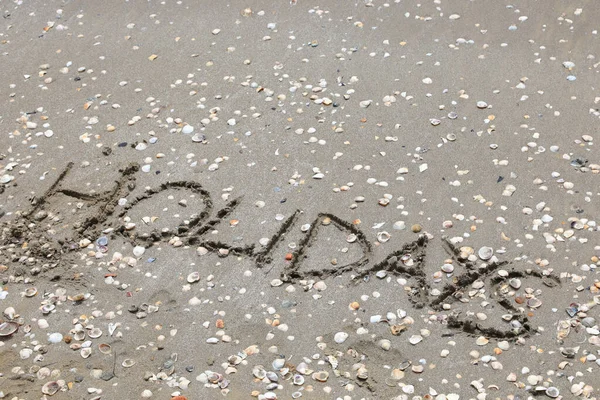 Grandes Letras Maiúsculas Texto Holidays Areia Praia — Fotografia de Stock