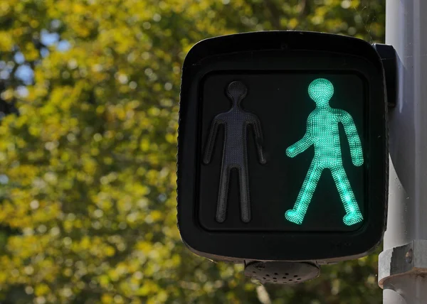 Lyse Grønne Trafiklys Mand Byen Symboliserer Kan Krydse Vejen - Stock-foto