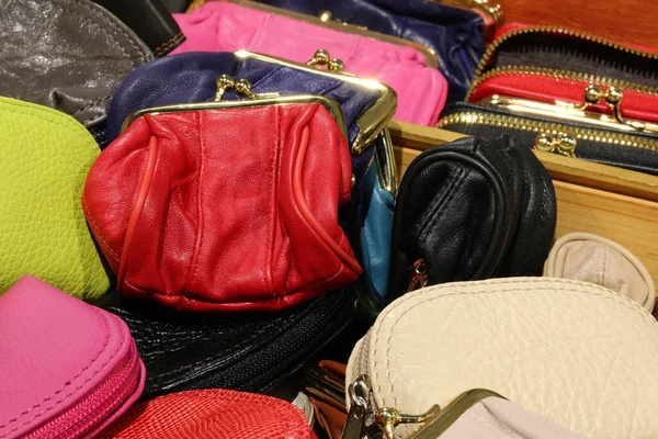 Many Leather Purses Handcrafted Ideal Craftsman Put Your Savings Money — Stock Photo, Image