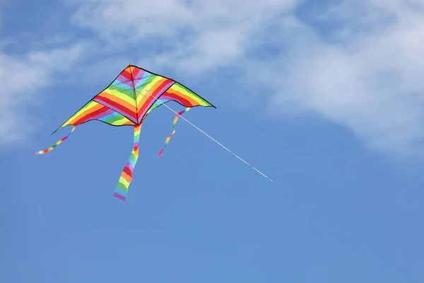Kleurrijke Vlieger Met Vele Kleuren Van Regenboog Vliegt Vrij Lucht — Stockfoto