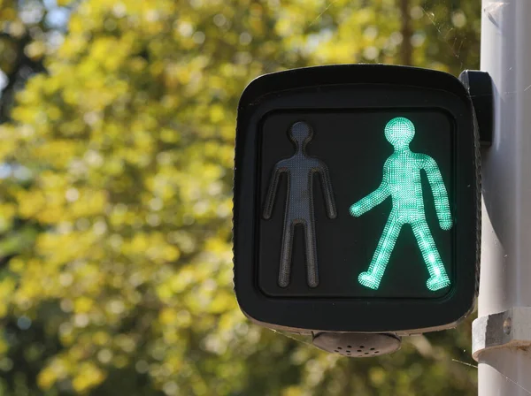 Lyse Grønne Trafiklys Mand Byen Symboliserer Kan Krydse Vejen - Stock-foto