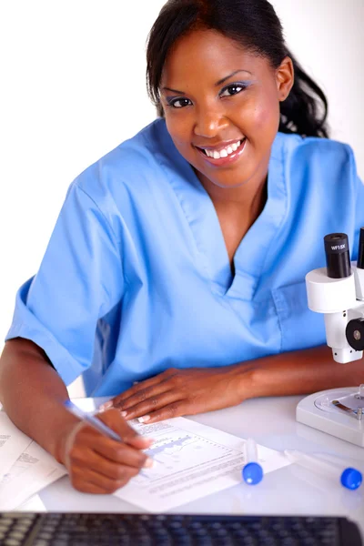 Scientific young woman working with documents — Stock Photo, Image