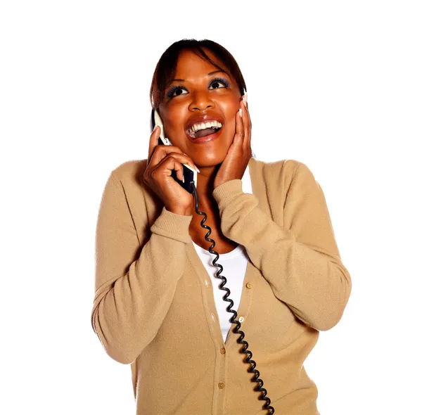 Blij verrast vrouwelijke gesprek op telefoon — Stockfoto