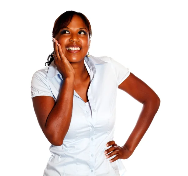 Happy young woman looking up — Stock Photo, Image