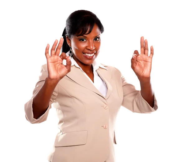 Adulto donna d'affari dicendo grande lavoro — Foto Stock