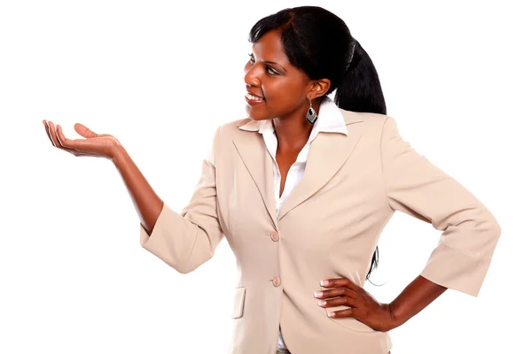 Charming businesswoman with right arm up — Stock Photo, Image