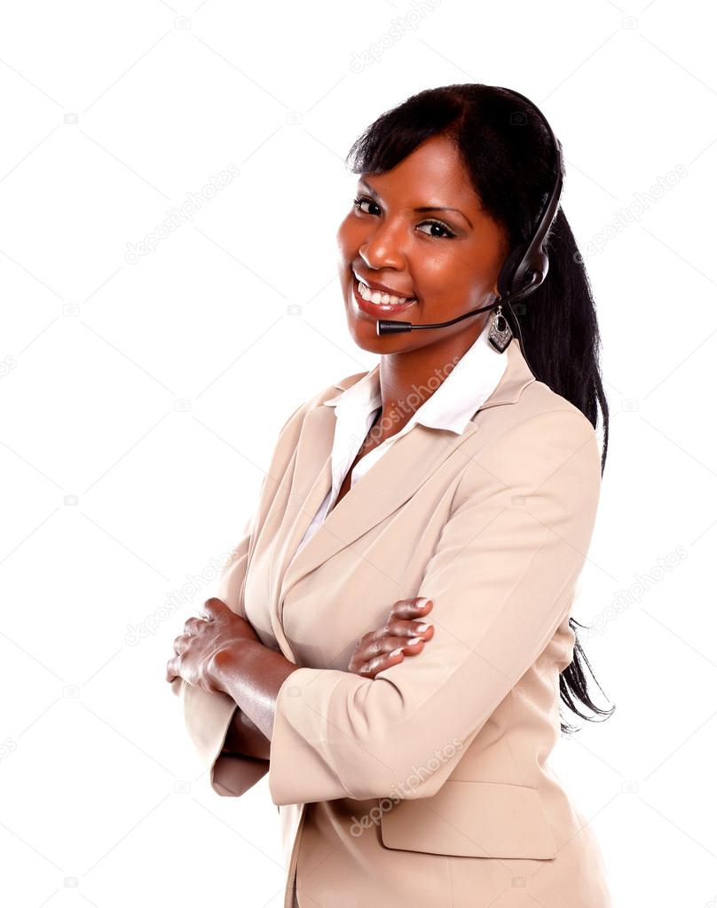 Charming call center employee smiling at you