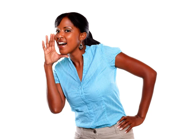 Adult woman screaming and looking at you — Stock Photo, Image