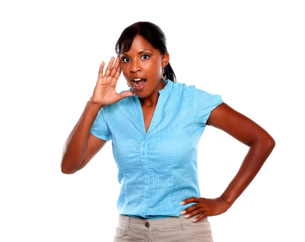 Surprised young woman looking at you — Stock Photo, Image