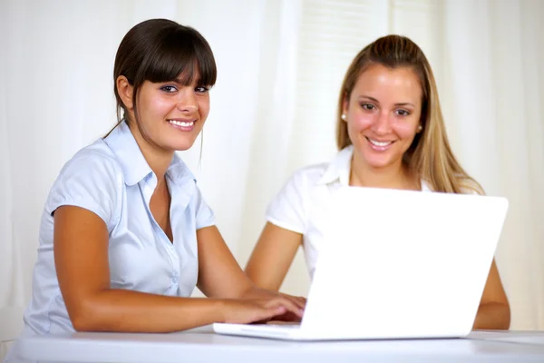 Smiling young businesswomen using laptop together Stock Picture