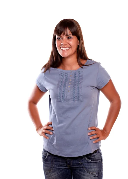 Charismatic young woman smiling on blue blouse — Stock Photo, Image