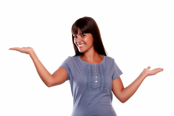 Latin young female looking at you with hands up — Stock Photo, Image