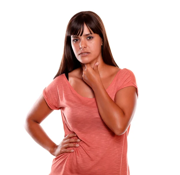 Fatigue young woman with terrible throat pain — Stock Photo, Image