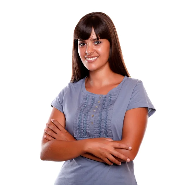 Aantrekkelijke jonge vrouw op blauw shirt op zoek je — Stockfoto
