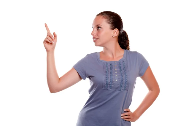 Charming young isolated woman pointing up — Stock Photo, Image