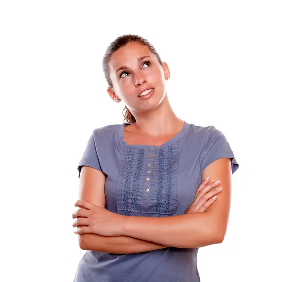 Pensive young woman looking to her left up — Stock Photo, Image