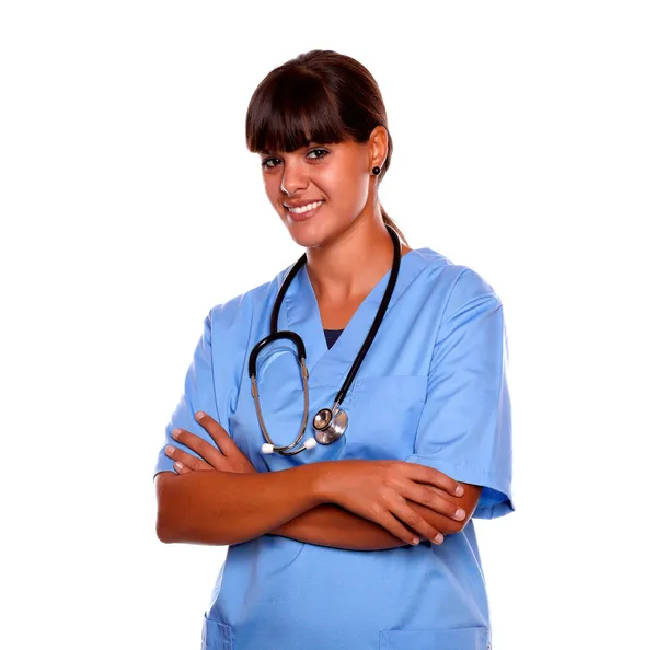 Encantadora enfermera profesional joven en uniforme azul —  Fotos de Stock