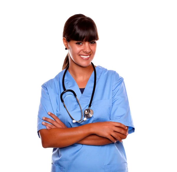 Muito jovem enfermeira profissional em uniforme azul — Fotografia de Stock