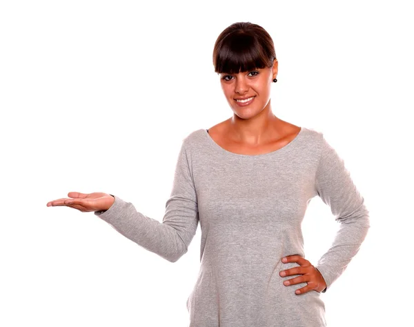 Young woman holding out her right palm copyspace — Stock Photo, Image