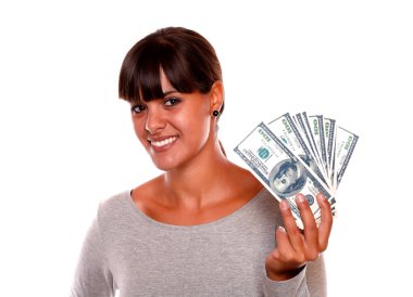 genç ve güzel kadın holding dolar gülümseyen