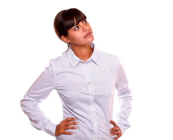 Pensive jovem mulher olhando para cima copyspace — Fotografia de Stock