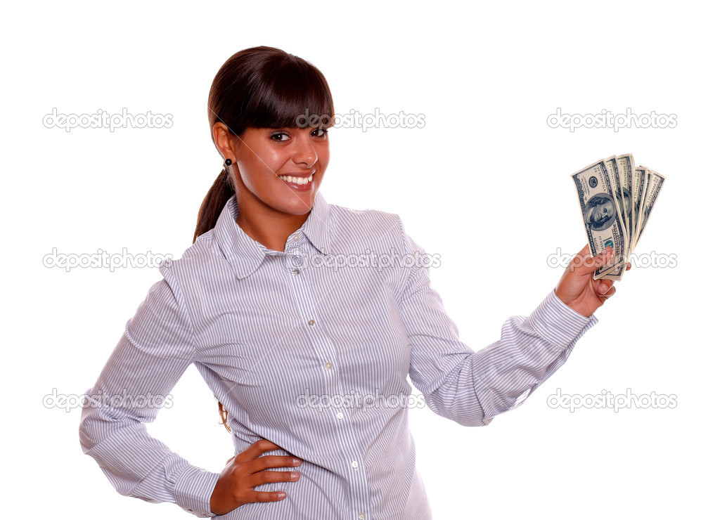 Smiling young woman holding cash money
