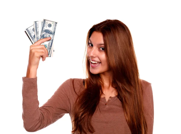 Charming young female with cash money — Stock Photo, Image