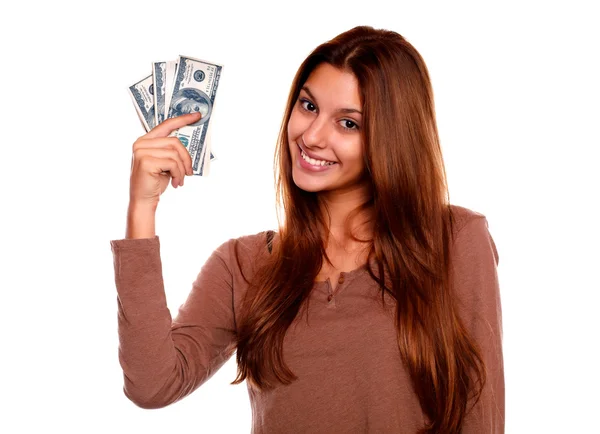 Charming and smiling young woman with cash money — Stock Photo, Image