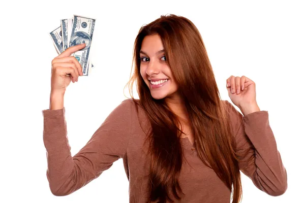 Γοητευτική νεαρή γυναίκα με μετρητά χρήματα Φωτογραφία Αρχείου